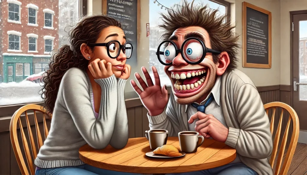 Funny illustration of an awkward first date at a coffee shop. A woman with curly hair and glasses looks overwhelmed as a nerdy man with exaggerated bad teeth overshares. Hilarious dating disaster image.