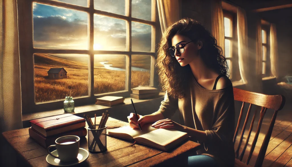 A young woman with curly black hair and glasses sits at a wooden desk in a peaceful room, writing in her journal. A large window beside her reveals a vast, open world bathed in warm sunlight, symbolizing newfound wisdom and endless possibilities.