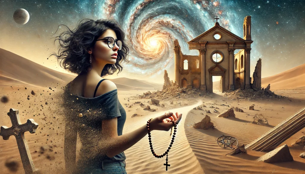 A young woman with curly black hair and glasses stands at the edge of a vast desert, a broken rosary slipping through her fingers. Behind her, a crumbling church fades into dust, while the horizon ahead is filled with cosmic patterns, symbolizing both freedom and uncertainty.