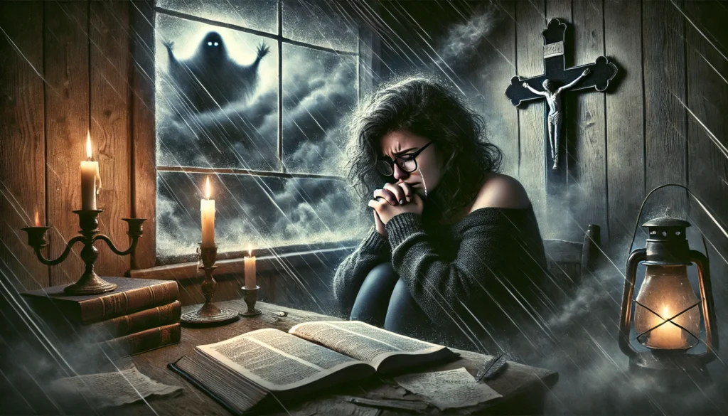 A young woman with curly black hair and glasses sits in a candle-lit room, clutching a torn Bible with shaking hands. Ghostly whispers swirl in the shadows, symbolizing unanswered prayers, while outside the window, only a dark abyss remains.