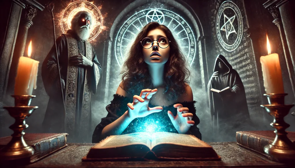 A young woman with curly black hair and glasses reaches hesitantly toward a glowing forbidden book on a dark altar. Behind her, a divine figure of light and a shadowy figure loom, symbolizing the battle between faith and curiosity.