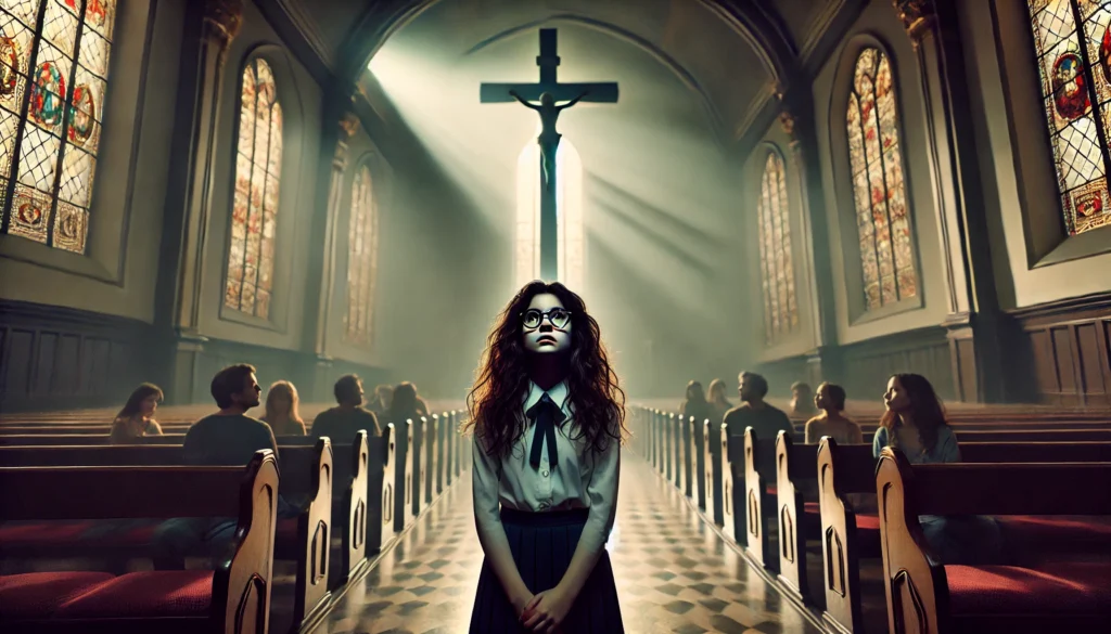 A teenage girl with dark curly hair and glasses stands alone in a massive church, staring up at a towering cross. Her shadow stretches behind her, symbolizing internal conflict, while faceless congregants whisper in the background.