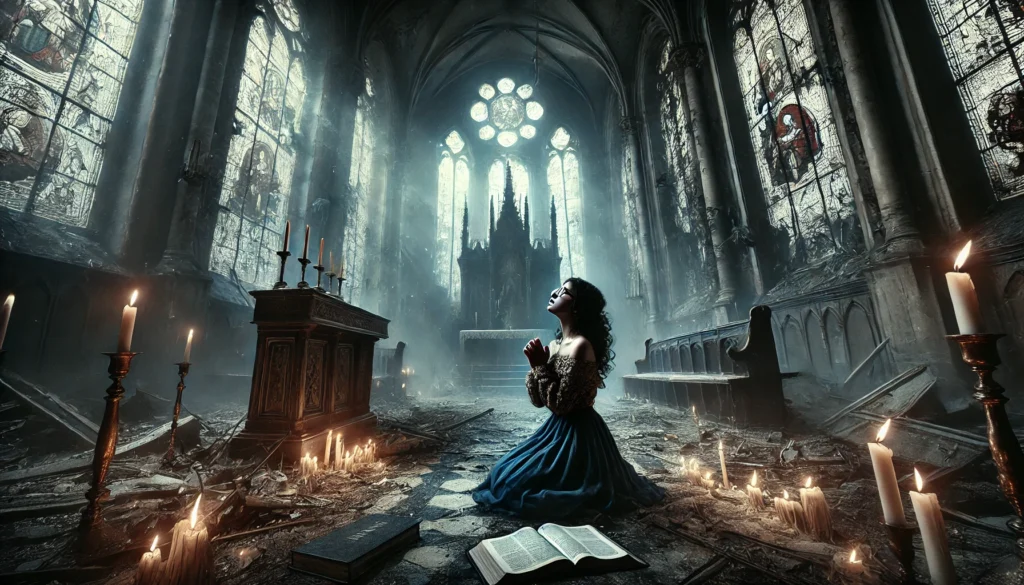 A distressed young woman with curly black hair, olive skin, and glasses kneels in prayer as a cathedral crumbles in flames around her. An open Bible lies before her, its pages fluttering, symbolizing lost faith and despair.