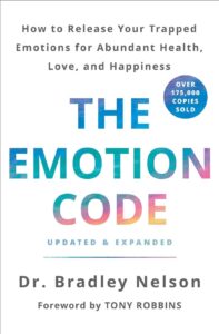 The Emotion Code book cover by Dr. Bradley Nelson with a white background and vibrant blue and pink text.