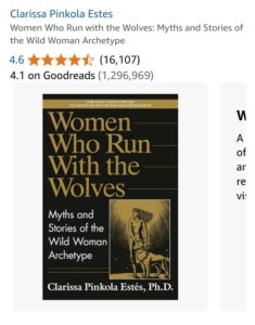 Women Who Run With the Wolves book cover by Clarissa Pinkola Estés featuring a black and gold design of a wild woman and wolf.